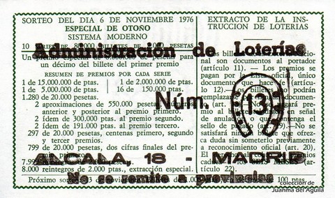 Reverso décimo de Lotería 1976 / 43