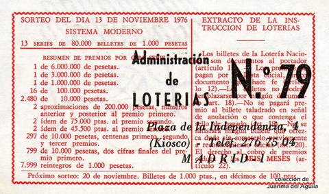 Reverso décimo de Lotería 1976 / 44