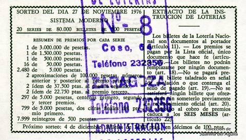 Reverso décimo de Lotería 1976 / 46