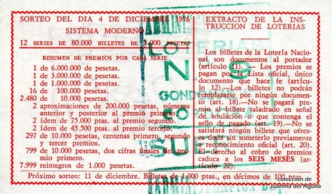 Reverso décimo de Lotería 1976 / 47