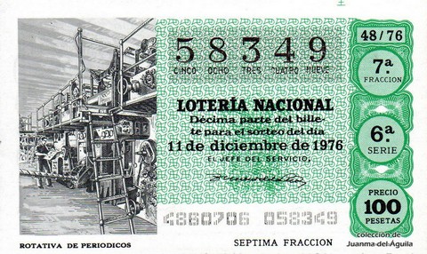 Décimo de Lotería Nacional de 1976 Sorteo 48 - ROTATIVA DE PERIODICOS
