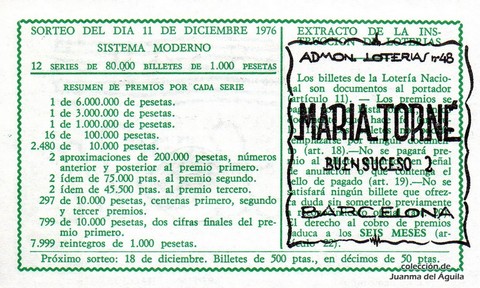 Reverso décimo de Lotería 1976 / 48