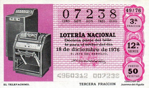 Décimo de Lotería Nacional de 1976 Sorteo 49 - EL TELEFACSIMIL