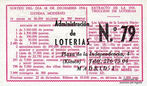 Reverso décimo de Lotería 1976 / 49
