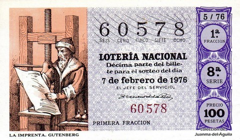 Décimo de Lotería Nacional de 1976 Sorteo 5 - LA IMPRENTA. GUTENBERG