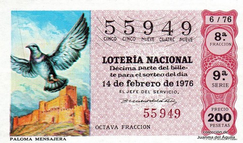 Décimo de Lotería Nacional de 1976 Sorteo 6 - PALOMA MENSAJERA