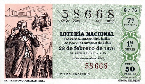 Décimo de Lotería Nacional de 1976 Sorteo 8 - EL TELEFONO, GRAHAM BELL