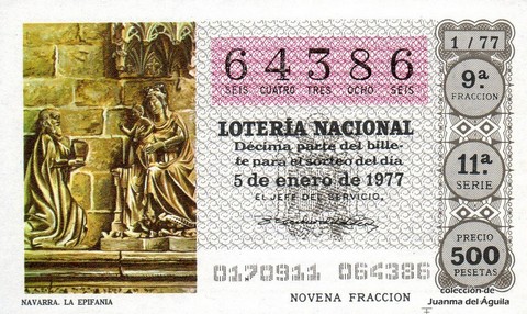 Décimo de Lotería Nacional de 1977 Sorteo 1 - NAVARRA. LA EPIFANIA