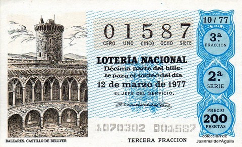 Décimo de Lotería Nacional de 1977 Sorteo 10 - BALEARES. CASTILLO DE BELLVER