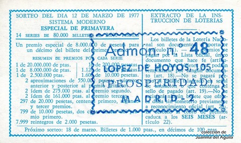 Reverso décimo de Lotería 1977 / 10