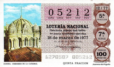 Décimo de Lotería Nacional de 1977 Sorteo 12 - ZAMORA. CIMBORRIO DE LA CATEDRAL