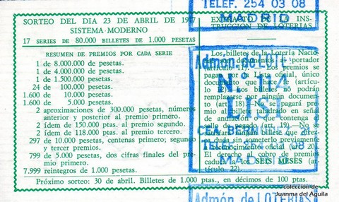 Reverso del décimo de Lotería Nacional de 1977 Sorteo 15