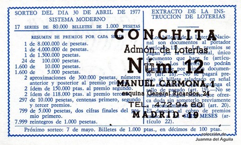 Reverso del décimo de Lotería Nacional de 1977 Sorteo 16
