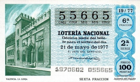 Décimo de Lotería Nacional de 1977 Sorteo 19 - VALENCIA. LA LONJA