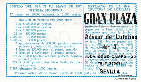 Reverso del décimo de Lotería Nacional de 1977 Sorteo 19