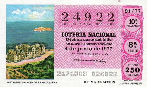 Décimo de Lotería Nacional de 1977 Sorteo 21 - SANTANDER. PALACIO DE LA MAGDALENA