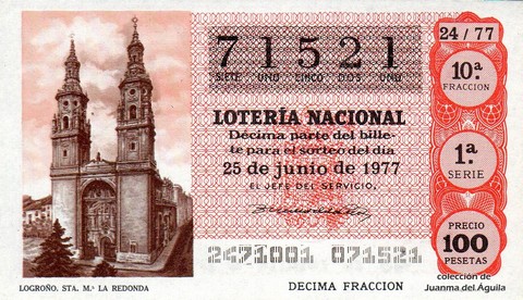 Décimo de Lotería Nacional de 1977 Sorteo 24 - LOGROÑO. STA. M.ª LA REDONDA