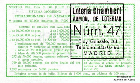 Reverso del décimo de Lotería Nacional de 1977 Sorteo 26