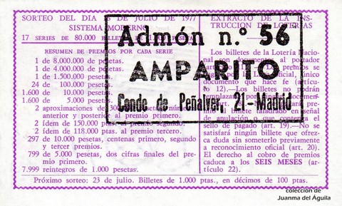 Reverso del décimo de Lotería Nacional de 1977 Sorteo 27