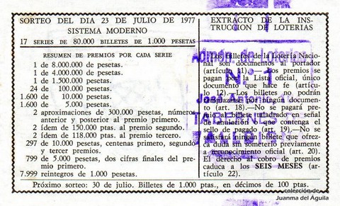 Reverso del décimo de Lotería Nacional de 1977 Sorteo 28
