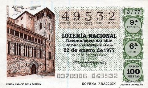 Décimo de Lotería Nacional de 1977 Sorteo 3 - LERIDA, PALACIO DE LA PAHERIA.