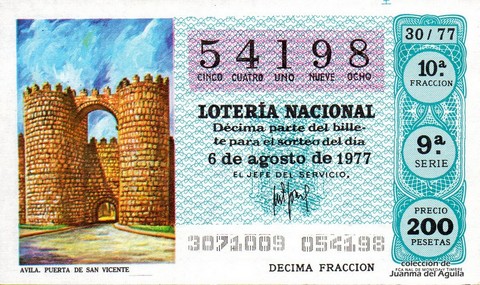 Décimo de Lotería Nacional de 1977 Sorteo 30 - AVILA. PUERTA DE SAN VICENTE