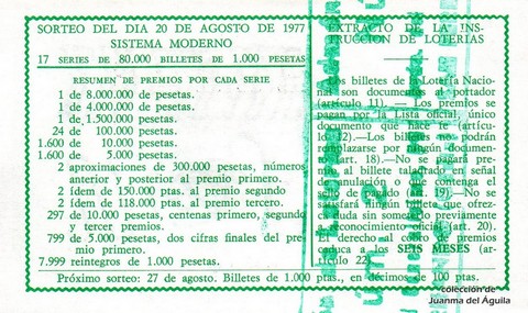 Reverso del décimo de Lotería Nacional de 1977 Sorteo 32