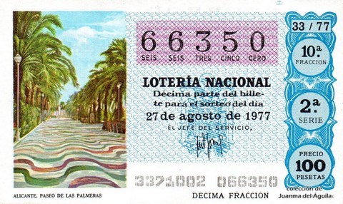 Décimo de Lotería Nacional de 1977 Sorteo 33 - ALICANTE. PASEO DE LAS PALMERAS