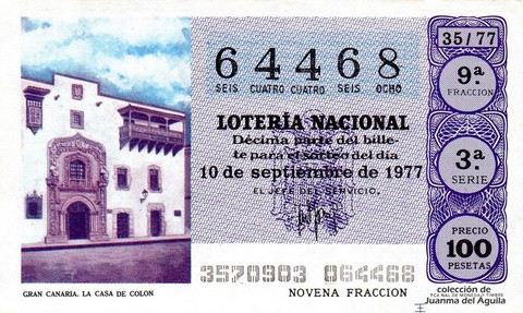 Décimo de Lotería Nacional de 1977 Sorteo 35 - GRAN CANARIA. LA CASA DE COLON