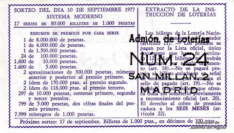 Reverso del décimo de Lotería Nacional de 1977 Sorteo 35