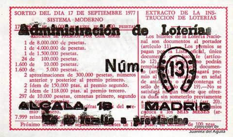 Reverso del décimo de Lotería Nacional de 1977 Sorteo 36