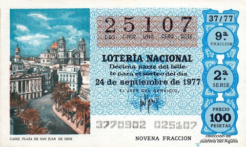 Décimo de Lotería Nacional de 1977 Sorteo 37 - CADIZ. PLAZA DE SAN JUAN DE DIOS