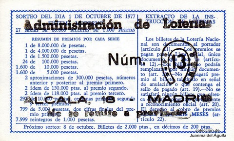 Reverso del décimo de Lotería Nacional de 1977 Sorteo 38