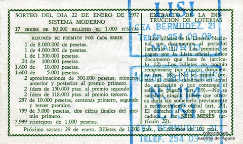 Reverso del décimo de Lotería Nacional de 1977 Sorteo 3