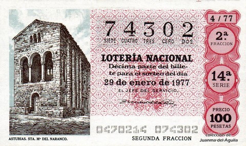 Décimo de Lotería Nacional de 1977 Sorteo 4 - ASTURIAS. STA. Mª DEL NARANCO.