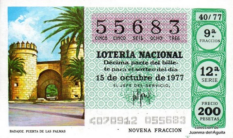 Décimo de Lotería Nacional de 1977 Sorteo 40 - BADAJOZ. PUERTA DE LAS PALMAS