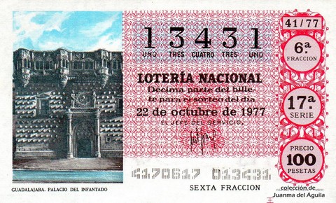 Décimo de Lotería Nacional de 1977 Sorteo 41 - GUADALAJARA. PALACIO DEL INFANTADO