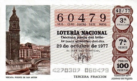 Décimo de Lotería Nacional de 1977 Sorteo 42 - VIZCAYA. PUENTE DE SAN ANTON