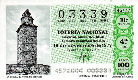 Décimo de Lotería Nacional de 1977 Sorteo 45 - LA CORUÑA. LA TORRE DE HERCULES