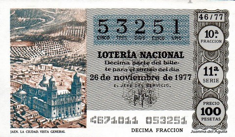 Décimo de Lotería Nacional de 1977 Sorteo 46 - JAEN. LA CIUDAD. VISTA GENERAL