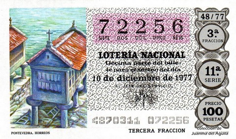Décimo de Lotería Nacional de 1977 Sorteo 48 - PONTEVEDRA. HORREOS
