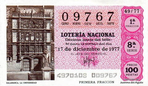 Décimo de Lotería Nacional de 1977 Sorteo 49 - SALAMANCA. LA UNIVERSIDAD