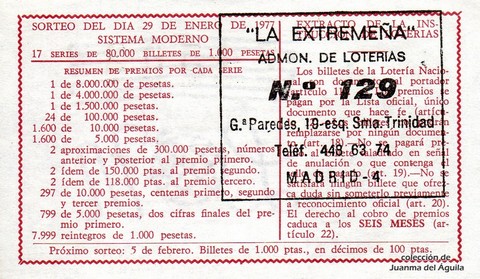 Reverso del décimo de Lotería Nacional de 1977 Sorteo 4