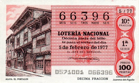 Décimo de Lotería Nacional de 1977 Sorteo 5 - ALAVA. EL PORTALON