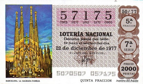 Décimo de Lotería Nacional de 1977 Sorteo 50 - BARCELONA. LA SAGRADA FAMILIA