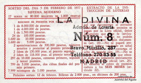 Reverso del décimo de Lotería Nacional de 1977 Sorteo 5