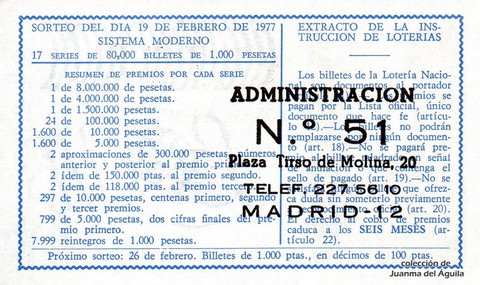 Reverso del décimo de Lotería Nacional de 1977 Sorteo 7