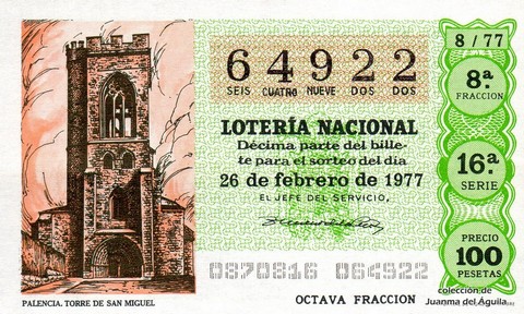 Décimo de Lotería Nacional de 1977 Sorteo 8 - PALENCIA. TORRE DE SAN MIGUEL