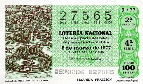 Décimo de Lotería Nacional de 1977 Sorteo 9 - ALBACETE. VISTA GRAL. DE LA CIUDAD