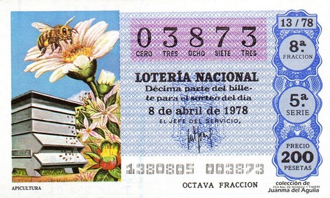Décimo de Lotería Nacional de 1978 Sorteo 13 - APICULTURA